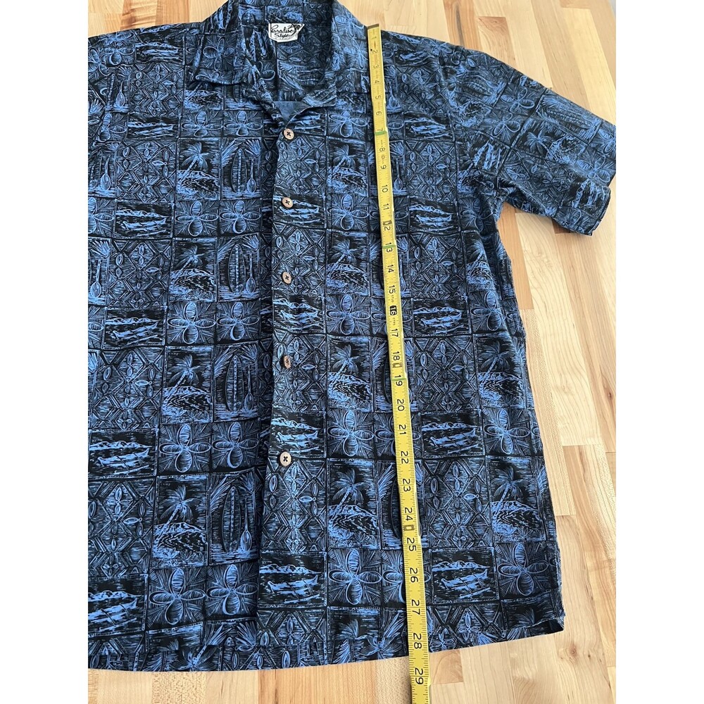 Vintage Men's Hawaiian Shirt 100% Cotton Aloha Tiki Block Print Style Blue Blk S - Picture 7 of 7